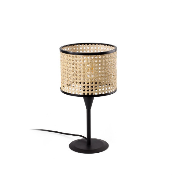 FARO - Luminaria sobremesa MAMBO mini negro pantalla ratán E27 diámetro 210x200mm