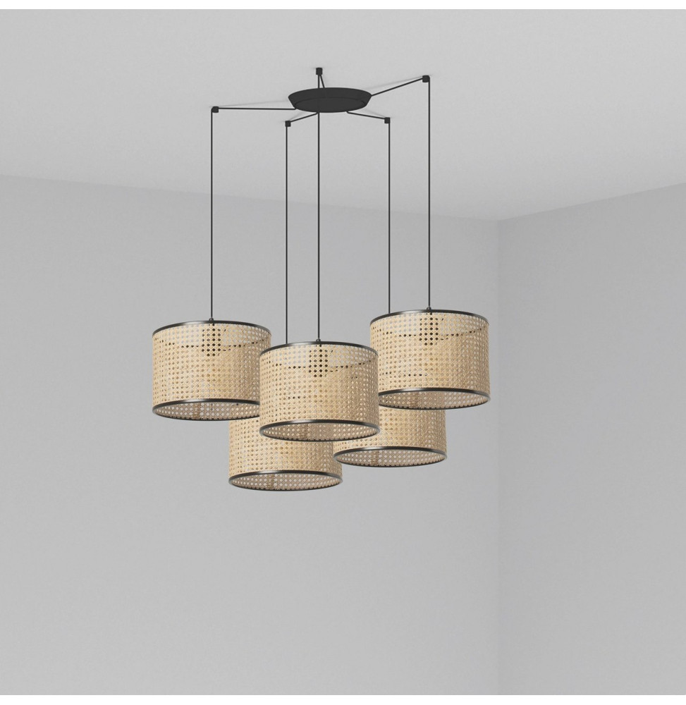FARO - Luminaria suspendida MAMBO negro pantalla ratán E27 diámetro 320x213mm 5 lámparas