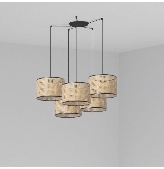 FARO - Luminaria suspendida MAMBO negro pantalla ratán E27 diámetro 320x213mm 5 lámparas