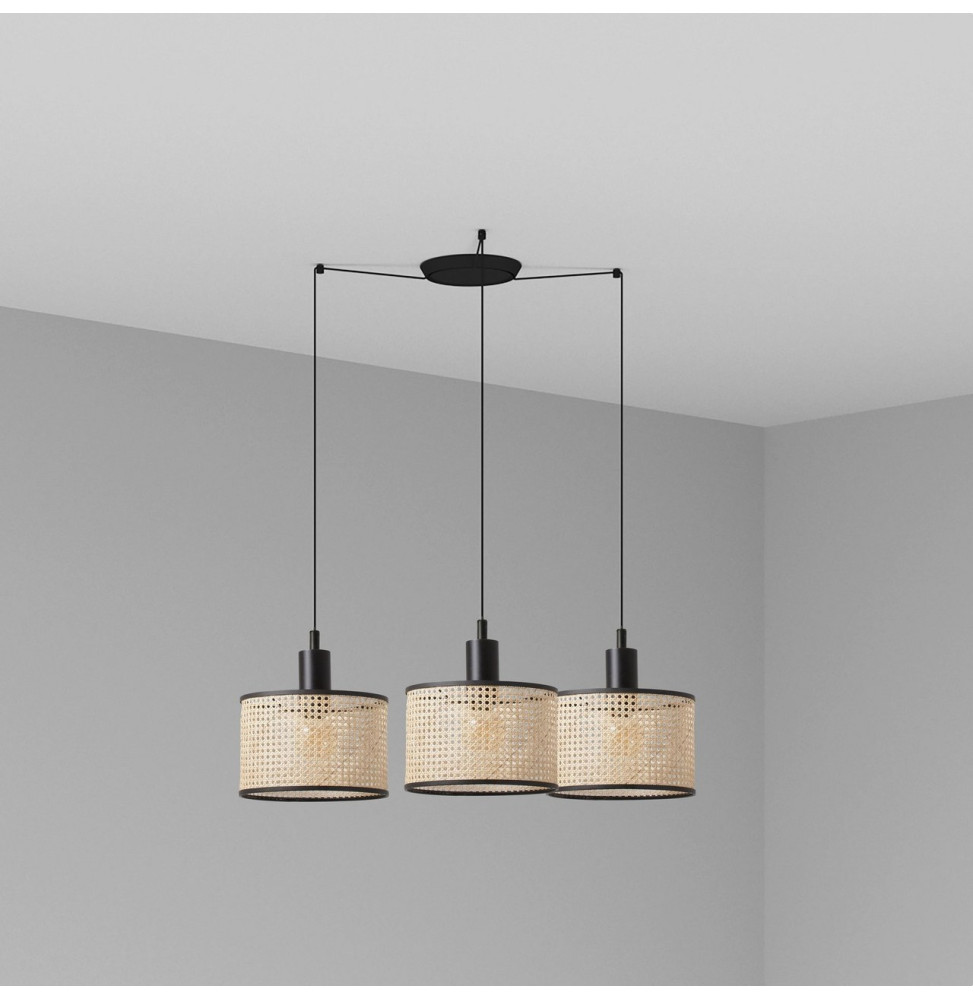 FARO - Luminaria suspendida MAMBO negro pantalla ratán E27 diámetro 210x200mm 3 lámparas