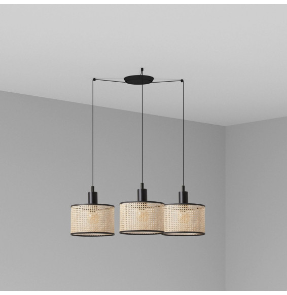 FARO - Luminaria suspendida MAMBO negro pantalla ratán E27 diámetro 210x200mm 3 lámparas