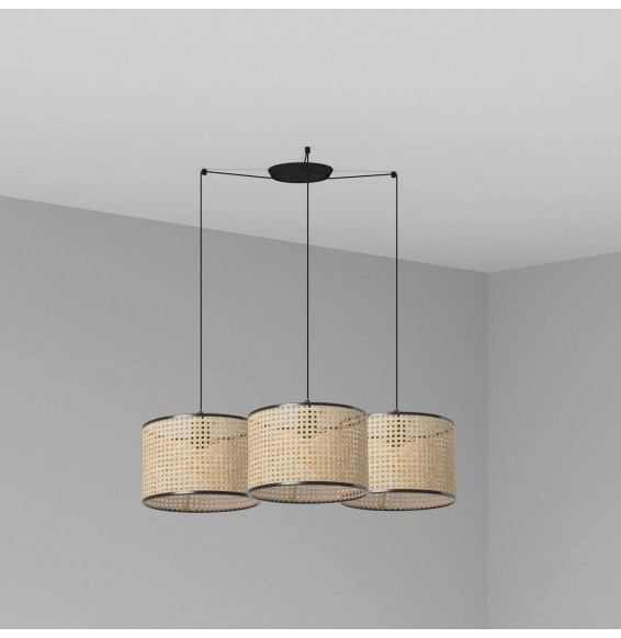 FARO - Luminaria suspendida MAMBO negro pantalla ratán E27 diámetro 320x213mm 3 lámparas