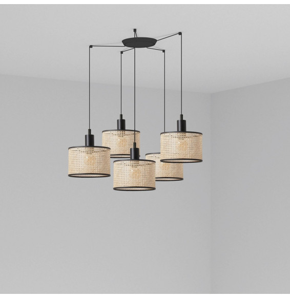 FARO - Luminaria suspendida MAMBO negro pantalla ratán E27 diámetro 210x200mm 5 lámparas