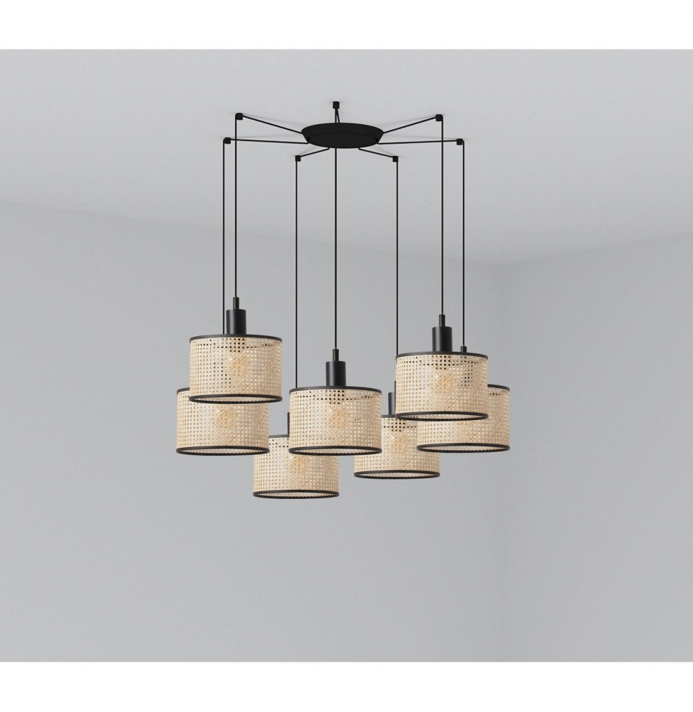 FARO - Luminaria suspendida MAMBO negro pantalla ratán E27 diámetro 210x200mm 7 lámparas
