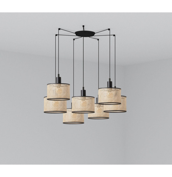 FARO - Luminaria suspendida MAMBO negro pantalla ratán E27 diámetro 210x200mm 7 lámparas