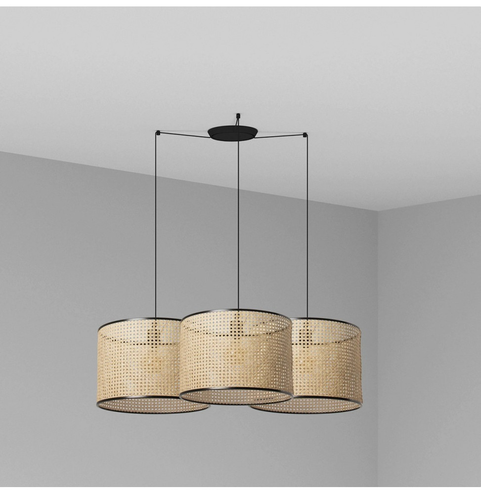 FARO - Luminaria suspendida MAMBO negro pantalla ratán E27 diámetro 450x313mm 3 lámparas