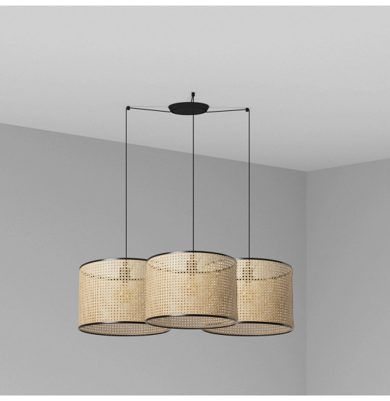 FARO - Luminaria suspendida MAMBO negro pantalla ratán E27 diámetro 450x313mm 3 lámparas