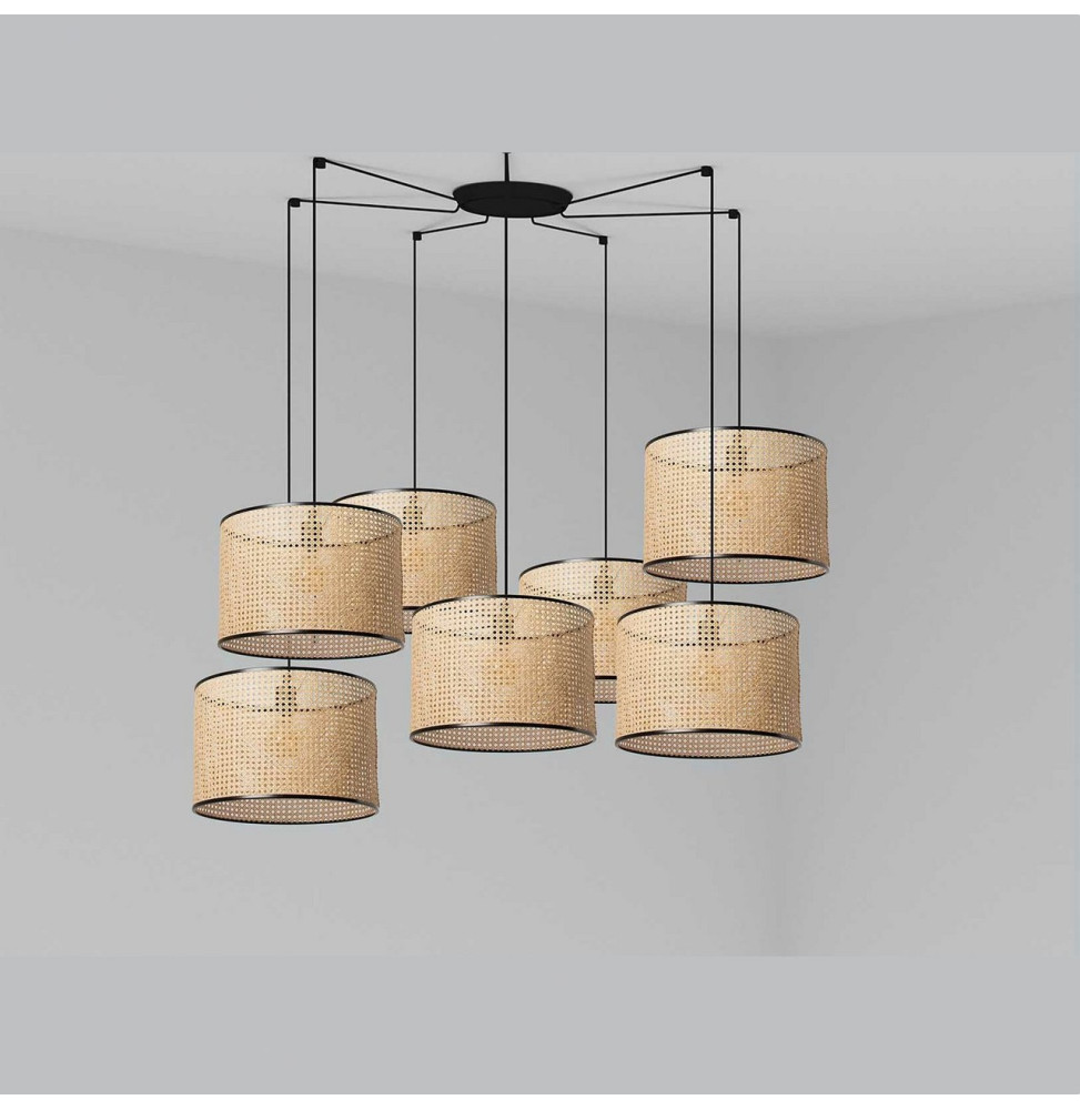 FARO - Luminaria suspendida MAMBO negro pantalla ratán E27 diámetro 450x313mm 7 lámparas