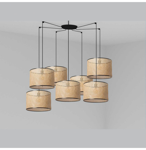FARO - Luminaria suspendida MAMBO negro pantalla ratán E27 diámetro 450x313mm 7 lámparas