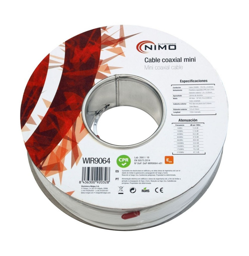 MOLGAR - Cable mini coaxial 75Ohm blanco 100m