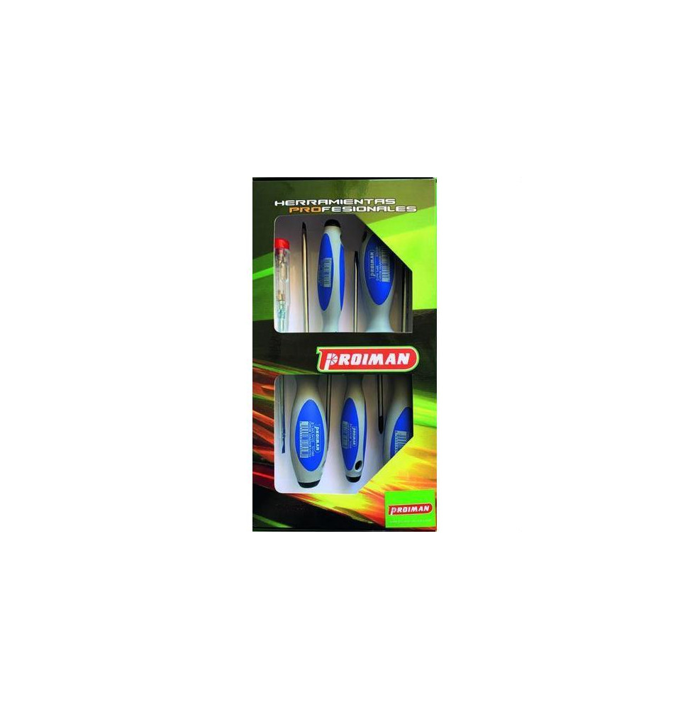 PROIMAN - Juego destornilladores planos 3-4-5 + Philips 1-2 + buscapolo (6u)