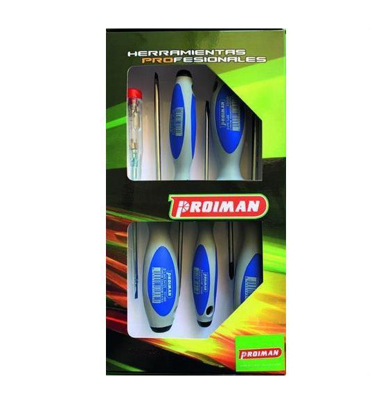PROIMAN - Juego destornilladores planos 3-4-5 + Philips 1-2 + buscapolo (6u)